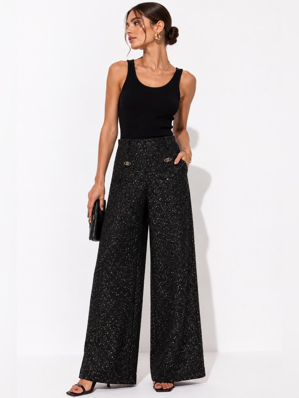 Maje Black Sparkle Tweed Wide Leg Pants XS US 2 NWT